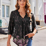 Zeagoo 3/4 Sleeve Ruffle V Neck Flowy Floral Mesh Blouses