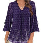 Zeagoo 3/4 Sleeve Ruffle V Neck Flowy Floral Mesh Blouses