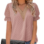 Womens V Neck Puff Short Sleeve Tops Swiss Dots Chiffon Lace Neckline Shirts Blouses - Zeagoo (Us Only)