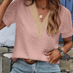 Womens V Neck Puff Short Sleeve Tops Swiss Dots Chiffon Lace Neckline Shirts Blouses - Zeagoo (Us Only)