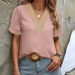 Womens V Neck Puff Short Sleeve Tops Swiss Dots Chiffon Lace Neckline Shirts Blouses - Zeagoo (Us Only)