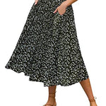 Women's Midi Skirts Elastic High Waist Skirt Polka Dot Casual Pleated Skirt with Pockets - Zeagoo (Us Only)