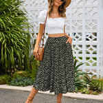 Women's Midi Skirts Elastic High Waist Skirt Polka Dot Casual Pleated Skirt with Pockets - Zeagoo (Us Only)