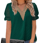 Womens V Neck Puff Short Sleeve Tops Swiss Dots Chiffon Lace Neckline Shirts Blouses - Zeagoo (Us Only)