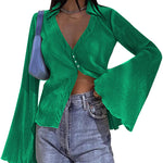 Women's Deep V Neck Shirt Button Front Blouse Bell Long Sleeve Tops - Zeagoo (Us Only)