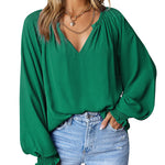 Zeagoo Blouses Puff Long Sleeve Pleated V Neck Tunic Tops