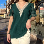 Womens V Neck Puff Short Sleeve Tops Swiss Dots Chiffon Lace Neckline Shirts Blouses - Zeagoo (Us Only)