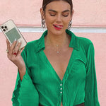 Women's Deep V Neck Shirt Button Front Blouse Bell Long Sleeve Tops - Zeagoo (Us Only)