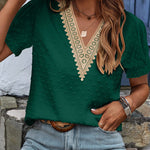 Womens V Neck Puff Short Sleeve Tops Swiss Dots Chiffon Lace Neckline Shirts Blouses - Zeagoo (Us Only)