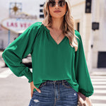 Zeagoo Blouses Puff Long Sleeve Pleated V Neck Tunic Tops