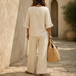 Louna | Linen-Effect Set with Ruffled Sleeves and Wide Leg Trousers