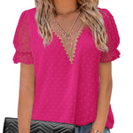 Womens V Neck Puff Short Sleeve Tops Swiss Dots Chiffon Lace Neckline Shirts Blouses - Zeagoo (Us Only)