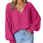 Zeagoo Blouses Puff Long Sleeve Pleated V Neck Tunic Tops