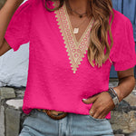 Womens V Neck Puff Short Sleeve Tops Swiss Dots Chiffon Lace Neckline Shirts Blouses - Zeagoo (Us Only)