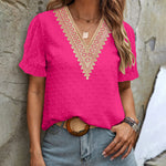 Womens V Neck Puff Short Sleeve Tops Swiss Dots Chiffon Lace Neckline Shirts Blouses - Zeagoo (Us Only)