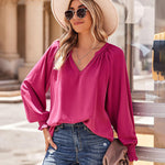 Zeagoo Blouses Puff Long Sleeve Pleated V Neck Tunic Tops