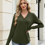 Zeagoo V Neck Solid Lace Trim Long Sleeve Top (US Only)