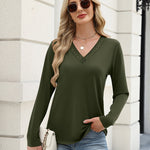 Zeagoo V Neck Solid Lace Trim Long Sleeve Top (US Only)