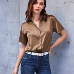 Zeagoo Women Satin Shirt V-Neck Short Sleeve Button Down Shirt Casual Loose Office Silk Tops  (Us Only)