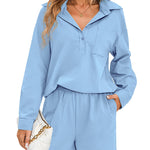 Womens 2 Piece Outfits Lounge Sets Cotton Linen Long Sleeve V-Neck Shirt and Mini Shorts With Pockets - Zeagoo (Us Only)