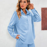 Womens 2 Piece Outfits Lounge Sets Cotton Linen Long Sleeve V-Neck Shirt and Mini Shorts With Pockets - Zeagoo (Us Only)
