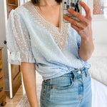 Womens V Neck Puff Short Sleeve Tops Swiss Dots Chiffon Lace Neckline Shirts Blouses - Zeagoo (Us Only)