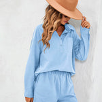 Womens 2 Piece Outfits Lounge Sets Cotton Linen Long Sleeve V-Neck Shirt and Mini Shorts With Pockets - Zeagoo (Us Only)