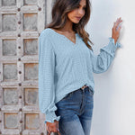 Zeagoo Women Casual V Neck T-Shirts Ruffle Long Sleeve Shirt Eyelet Loose Blouses S-XXL