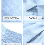 Womens 2 Piece Outfits Lounge Sets Cotton Linen Long Sleeve V-Neck Shirt and Mini Shorts With Pockets - Zeagoo (Us Only)