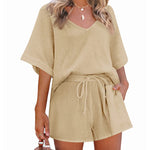 Women's 2 Piece Cotton Linen Tracksuit Short Sleeve Casual Shorts Set V Neck Beach Outfits - Zeagoo (Us Only)