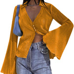Women's Deep V Neck Shirt Button Front Blouse Bell Long Sleeve Tops - Zeagoo (Us Only)