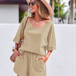Women's 2 Piece Cotton Linen Tracksuit Short Sleeve Casual Shorts Set V Neck Beach Outfits - Zeagoo (Us Only)