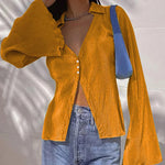 Women's Deep V Neck Shirt Button Front Blouse Bell Long Sleeve Tops - Zeagoo (Us Only)