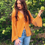 Women's Deep V Neck Shirt Button Front Blouse Bell Long Sleeve Tops - Zeagoo (Us Only)