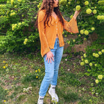 Women's Deep V Neck Shirt Button Front Blouse Bell Long Sleeve Tops - Zeagoo (Us Only)