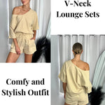 Women's 2 Piece Cotton Linen Tracksuit Short Sleeve Casual Shorts Set V Neck Beach Outfits - Zeagoo (Us Only)