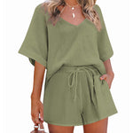 Women's 2 Piece Cotton Linen Tracksuit Short Sleeve Casual Shorts Set V Neck Beach Outfits - Zeagoo (Us Only)