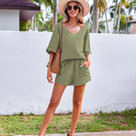 Women's 2 Piece Cotton Linen Tracksuit Short Sleeve Casual Shorts Set V Neck Beach Outfits - Zeagoo (Us Only)