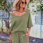 Women's 2 Piece Cotton Linen Tracksuit Short Sleeve Casual Shorts Set V Neck Beach Outfits - Zeagoo (Us Only)