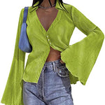 Women's Deep V Neck Shirt Button Front Blouse Bell Long Sleeve Tops - Zeagoo (Us Only)