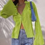 Women's Deep V Neck Shirt Button Front Blouse Bell Long Sleeve Tops - Zeagoo (Us Only)