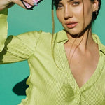 Women's Deep V Neck Shirt Button Front Blouse Bell Long Sleeve Tops - Zeagoo (Us Only)