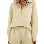Womens 2 Piece Outfits Lounge Sets Cotton Linen Long Sleeve V-Neck Shirt and Mini Shorts With Pockets - Zeagoo (Us Only)