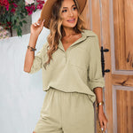 Womens 2 Piece Outfits Lounge Sets Cotton Linen Long Sleeve V-Neck Shirt and Mini Shorts With Pockets - Zeagoo (Us Only)