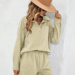 Womens 2 Piece Outfits Lounge Sets Cotton Linen Long Sleeve V-Neck Shirt and Mini Shorts With Pockets - Zeagoo (Us Only)