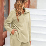 Womens 2 Piece Outfits Lounge Sets Cotton Linen Long Sleeve V-Neck Shirt and Mini Shorts With Pockets - Zeagoo (Us Only)
