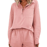 Womens 2 Piece Outfits Lounge Sets Cotton Linen Long Sleeve V-Neck Shirt and Mini Shorts With Pockets - Zeagoo (Us Only)