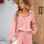 Womens 2 Piece Outfits Lounge Sets Cotton Linen Long Sleeve V-Neck Shirt and Mini Shorts With Pockets - Zeagoo (Us Only)