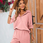 Womens 2 Piece Outfits Lounge Sets Cotton Linen Long Sleeve V-Neck Shirt and Mini Shorts With Pockets - Zeagoo (Us Only)