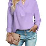 Womens Blouses Dressy Casual Long Sleeve Henley V-Neck Button Up Drop Shoulder Blouse Shirt Tops Relaxed Fit S-XXL - Zeagoo (Us Only)